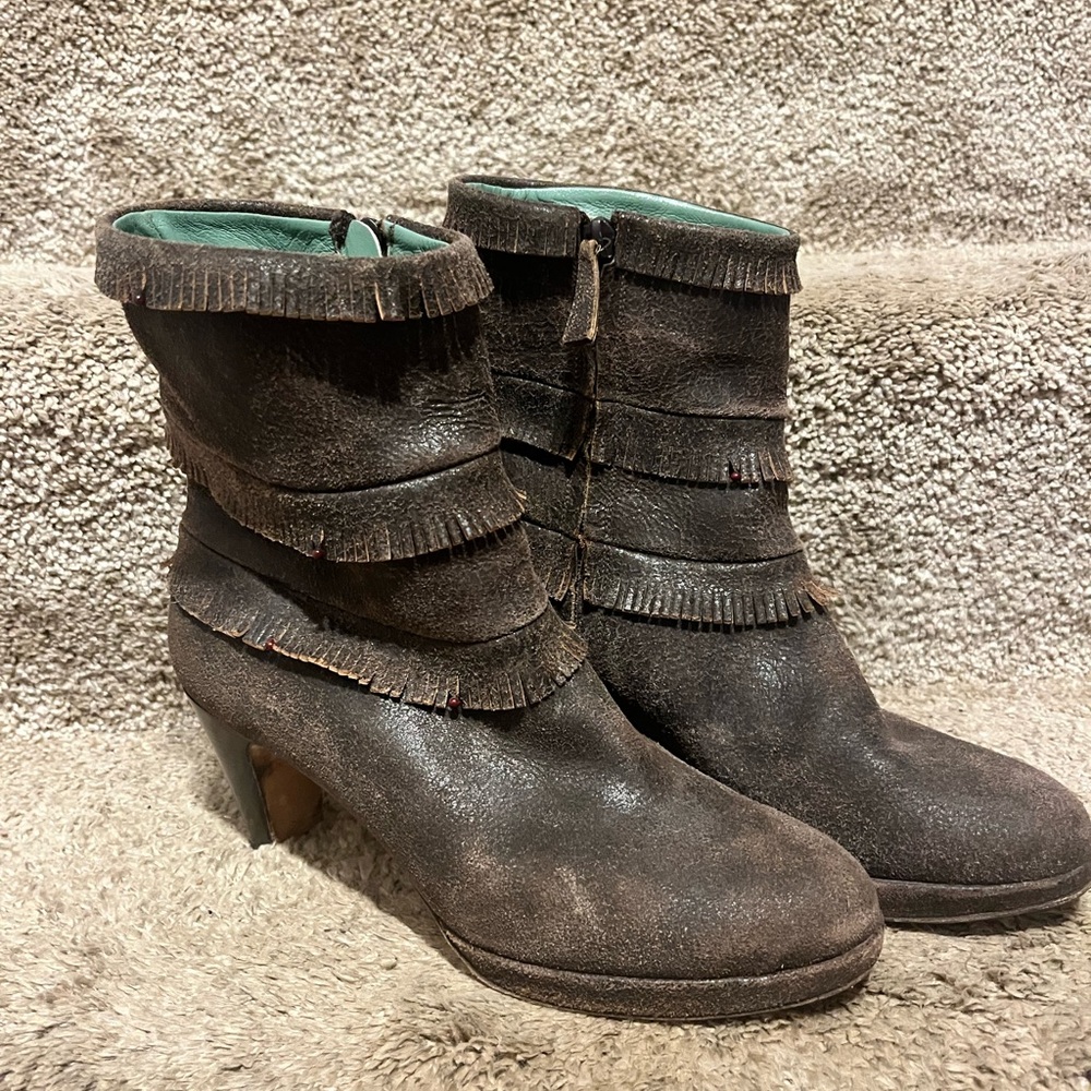 Hand Made Italian Leather Fringed Brown Ankle Boots